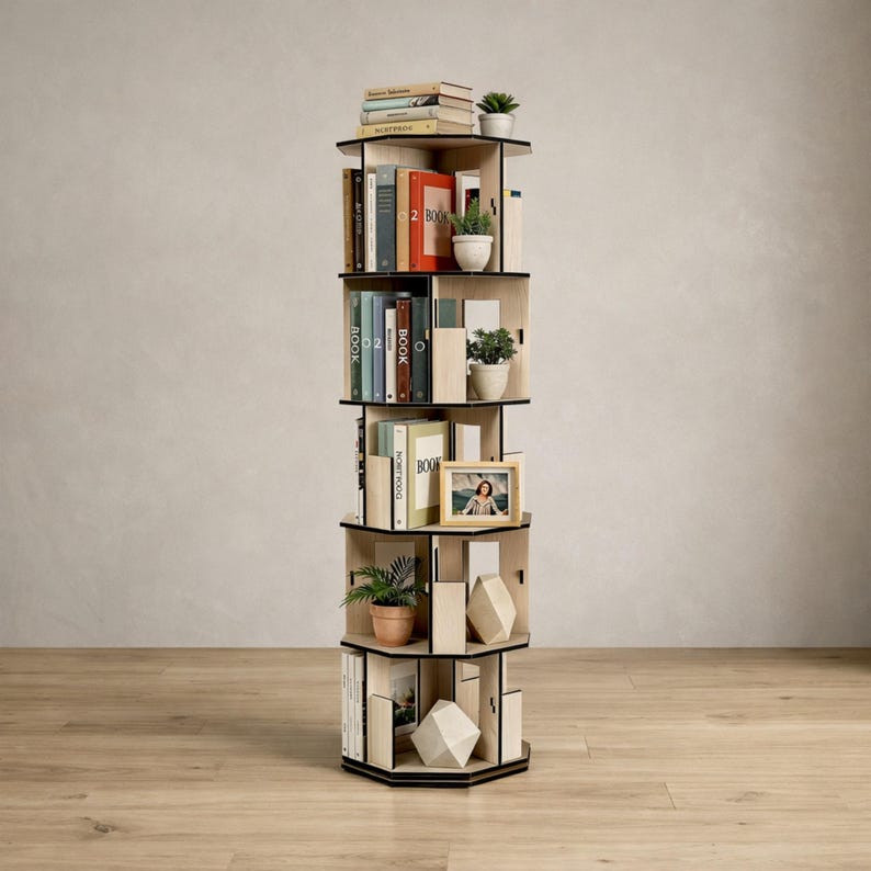 May include: A tall, rotating bookshelf with a black frame and light wood shelves. The shelves are filled with books, small potted plants, and a framed photo. The bookshelf is on a wooden floor, with a neutral background.