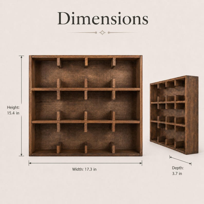May include: A dark brown wooden display shelf with multiple square compartments. The unit measures 15.4 inches in height, 17.3 inches in width, and 3.7 inches in depth. The image includes a front view and an angled side view of the shelving unit.