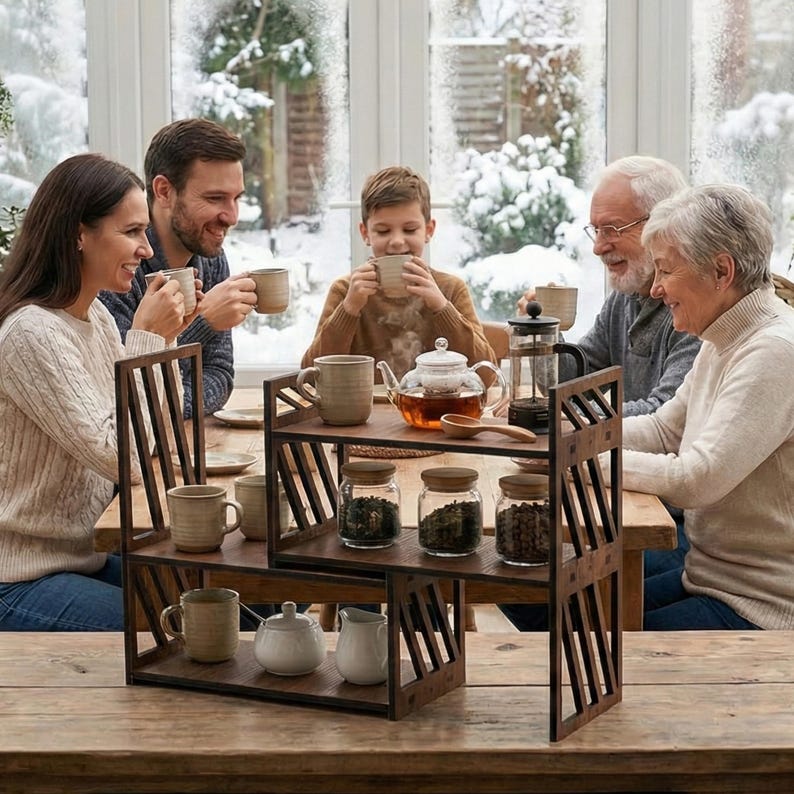 May include: A dark brown wooden tiered display shelf featuring a two-level design with diagonal side slats. The shelf holds three glass jars filled with tea leaves, a white ceramic teapot, a white creamer, and two beige ceramic mugs.