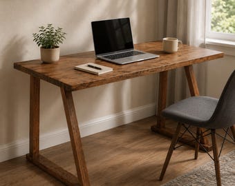 Solid Wood Desk, Rustic Computer Table, Handmade Home Office Workstation, Walnut Finish