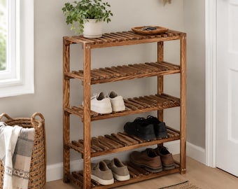 Wooden Shoe Rack, 5 Tier Solid Wood Organizer, Rustic Entryway Storage Shelf, Narrow Mudroom Rack
