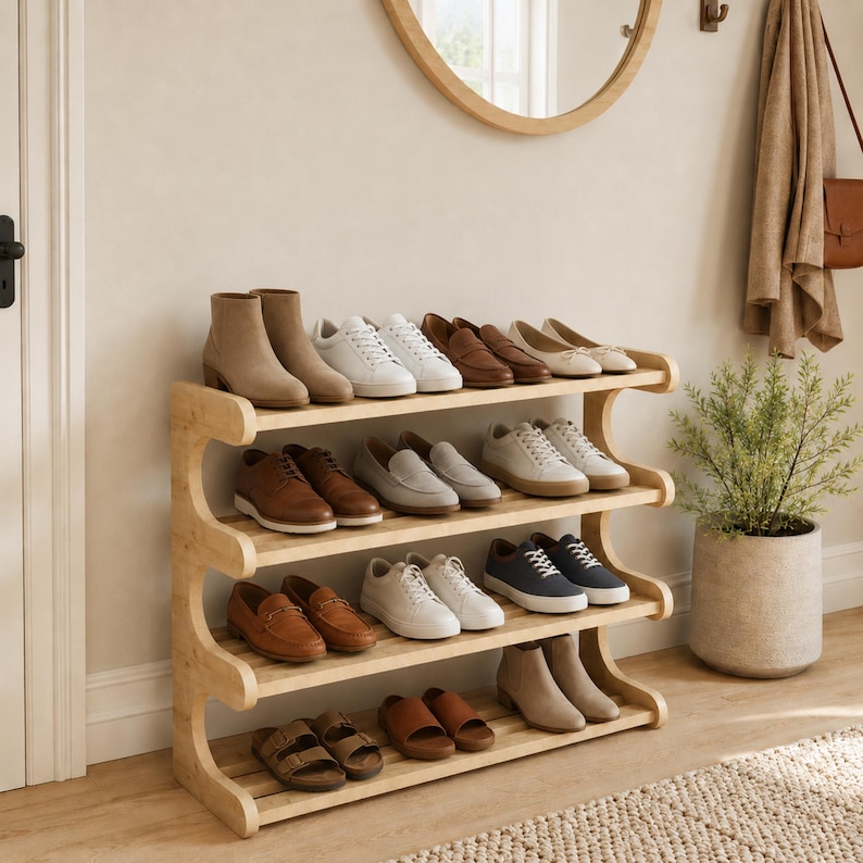 May include: A four-tier light wood shoe rack with curved side supports, holding various styles of footwear including boots, sneakers, loafers, and sandals arranged neatly across the shelves in a bright, neutral-toned indoor space.