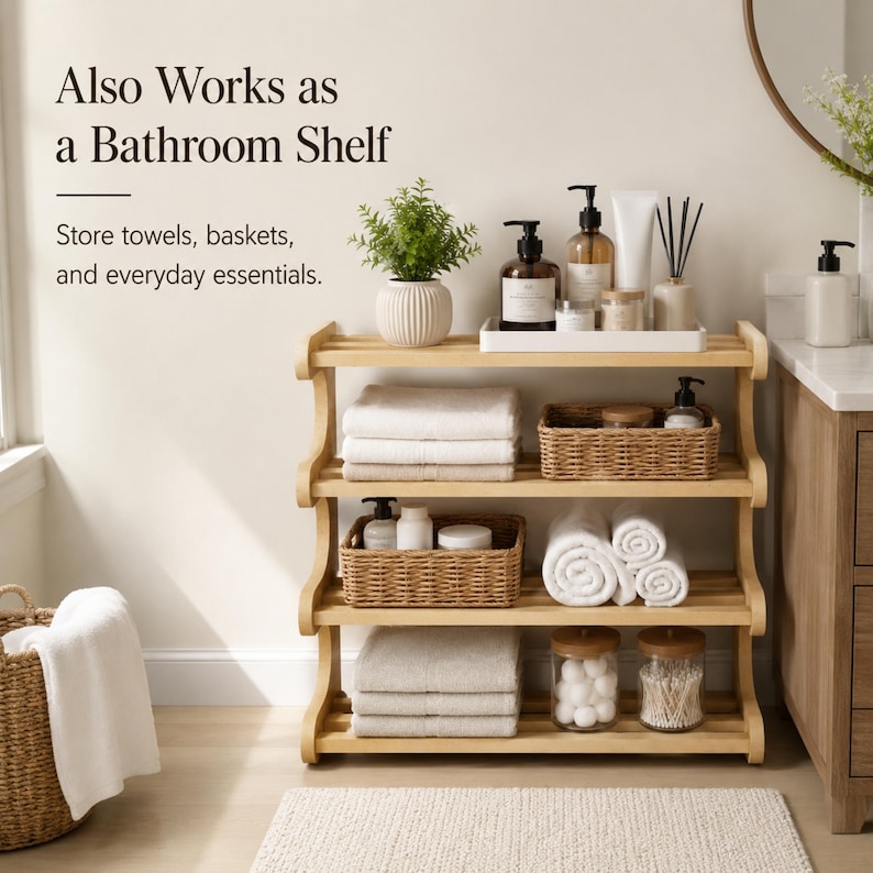 May include: A four-tier light wood shelving unit featuring text that reads: Also Works as a Bathroom Shelf. Store towels, baskets, and everyday essentials. The shelves hold folded white towels, woven baskets, glass jars, and various bathroom toiletries.