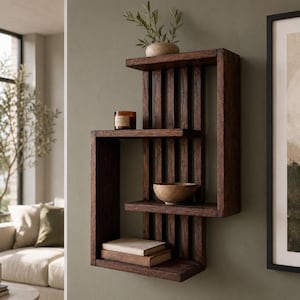 Puede incluir: Un estante de pared de madera marrón oscuro con un panel trasero de listones verticales y tres niveles horizontales escalonados. El estante superior sostiene una pequeña planta, el medio una vela y un cuenco, y el inferior dos libros.