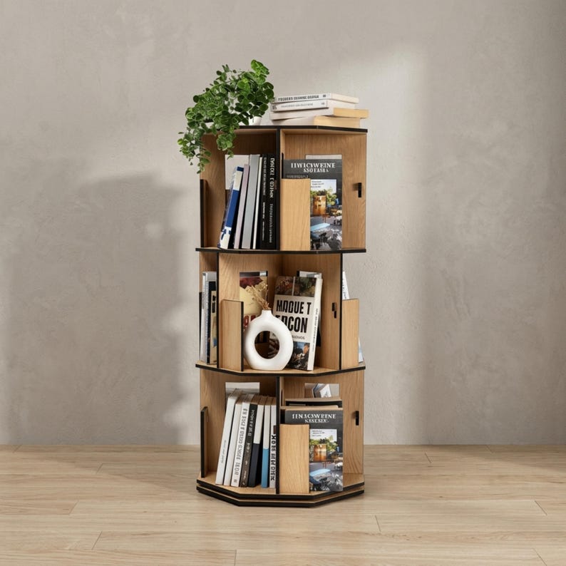 May include: A three-tiered, rotating bookshelf made of light wood with black trim. The bookshelf is filled with books, a white vase, and a small plant. The shelves are hexagonal in shape, and the overall design is modern and space-saving.