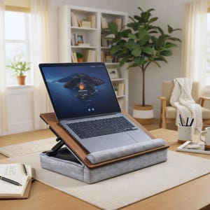 Op de afbeelding: Een laptop staat op een laptopstandaard van hout en grijs. De standaard heeft een houten bovenkant en een grijs kussen voor polssteun. Het laptopscherm toont een landschapsbeeld. De standaard staat op een lichtbruine tafel.