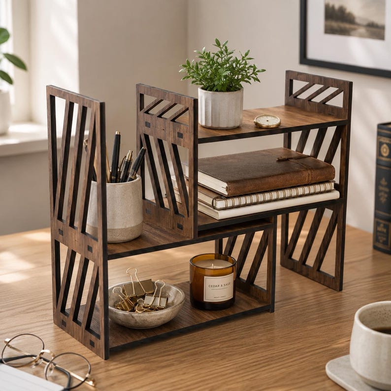 Adjustable Wood Desk Organizer Shelf, Desktop Bookshelf for Office Storage Hutch, Tabletop Book Rack, Countertop Organizer Dorm Desk Hutch image 19