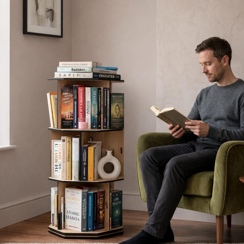 May include: A three-tiered, rotating bookshelf made of light-colored wood, filled with various books. A white vase sits on one shelf. A person is seated in a green armchair, reading a book. The bookshelf is approximately 40 inches tall.