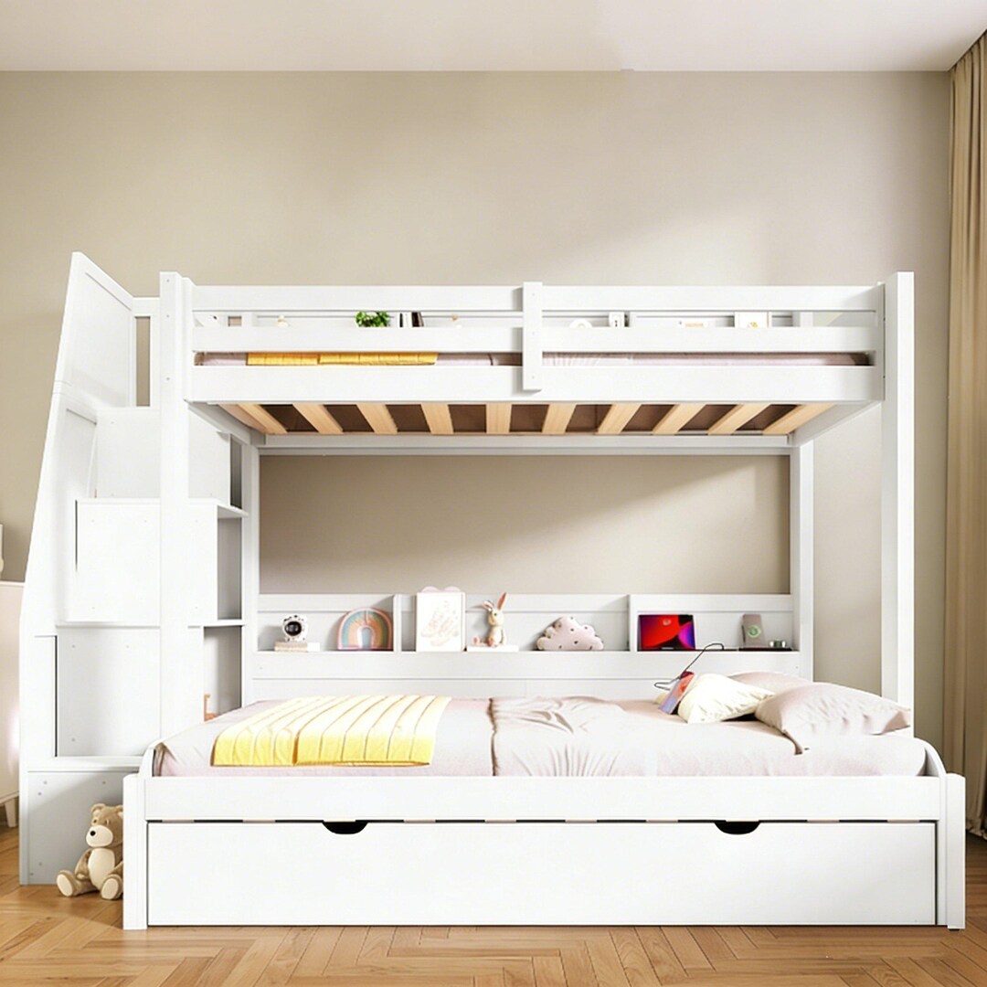 Solid Wood Twin Over Full Bunk Bed Frame With Storage Stairs, Trundle ...