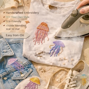 May include: Embroidered jellyfish patches in orange, purple, and blue are ironed onto a white t-shirt, denim jacket, tote bag, and canvas shoe. The text reads "Jellyfish Embroidered Patches" and "Turn Ordinary into Ocean Magic."