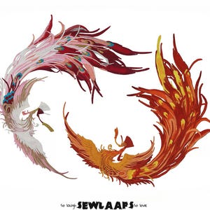 May include: Embroidered patches featuring stylized phoenix designs in shades of red, orange, pink, and white. The patches have intricate details and are arranged in a circular pattern. The text "so laugh SEWLAAFS so love" is at the bottom.