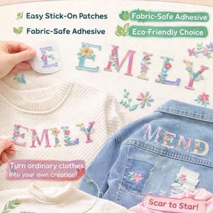 May include: Sewlaafs stick-on fabric patches featuring floral letter designs. The patches spell EMILY and MEND on white knit sweaters and a blue denim jacket. Text includes Personalize your clothes, Easy Stick-On Patches, and Scar to Star.