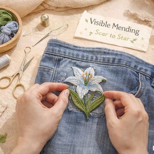Lily Embroidery Patch: Handmade Eco-Friendly Stick-on Upcycle Patch, Visible Mending, Floral Applique, DIY Tools