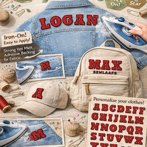 May include: DIY iron-on embroidered patches with a spider web alphabet design. The image shows a denim jacket, backpack, and baseball cap with personalized names. A sheet of letters is displayed, along with an iron.