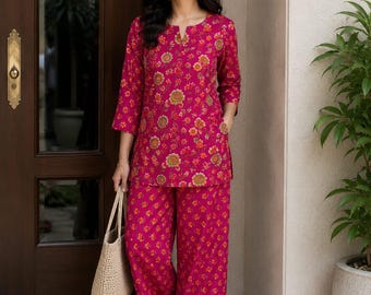 Hot Pink Cotton Co-ord Set, Floral Print Shirt & Palazzo, Indian 2-Piece Outfit, Summer Loungewear