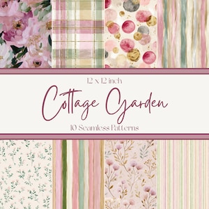 May include: A collection of ten seamless patterns, 12 x 12 inches, with a "Cottage Garden" theme. The patterns feature floral, plaid, and abstract designs in soft pink, green, and gold tones. The patterns are suitable for various craft projects.