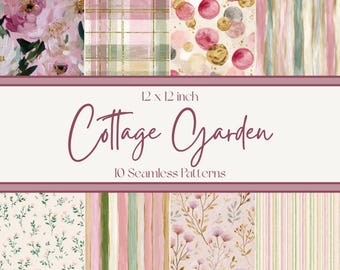 Cottage Garden Seamless Pattern Pack, Floral Stripe Dot Plaid Digital Paper, Pink Sage Botanical PNG Commercial Use