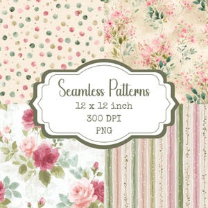 May include: Four seamless patterns featuring floral and polka dot designs in soft pink, green, and beige tones. The image includes a label that reads "Seamless Patterns 12 x 12 inch 300 DPI PNG."