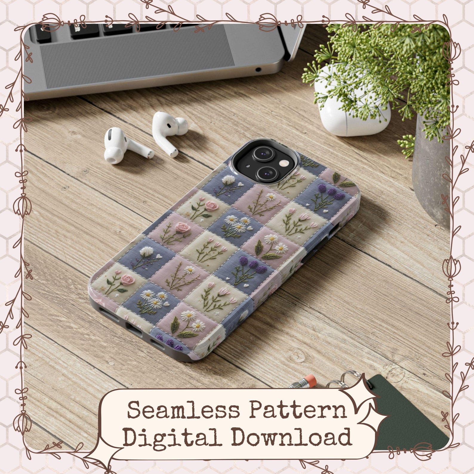 Wildflower Patchwork Embroidery Seamless Pattern, Cottagecore Floral ...