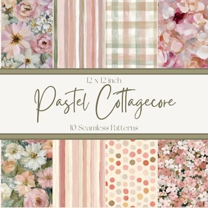 May include: A collection of ten 12 x 12 inch seamless patterns in a pastel cottagecore theme. The patterns include floral, striped, and polka dot designs in shades of pink, peach, and cream. The text "Pastel Cottagecore" is displayed in a script font.