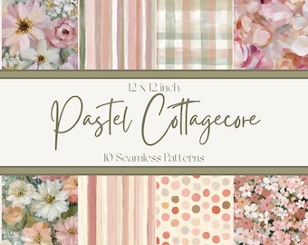 Pastel Cottagecore Seamless Pattern Pack, Floral Stripes Plaid Dots, Soft Vintage Cottagecore, Digital Paper 12x12 Junk Journal, POD,