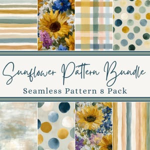 Sunflower Seamless Pattern Bundle, Cottagecore Floral Digital Paper Pack, Wildflower PNG, Botanical Patterns, Summer Flower Commercial Use