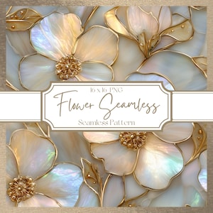 Puede incluir: Un patrón floral sin costuras con grandes flores estilizadas en tonos blancos, crema y dorados. El diseño incluye detalles intrincados y un efecto nacarado, con el texto "Flower Seamless Pattern" y las dimensiones.