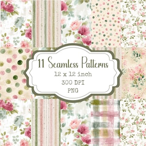 May include: A collection of 11 seamless patterns, each 12 x 12 inches, featuring floral and polka dot designs in shades of pink, green, and cream. The patterns include roses, stripes, and watercolor effects. The image text reads "11 Seamless Patterns".