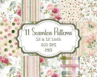 Cottagecore sömlöst mönsterpaket, digitalt blommigt papper, vintage rosrosa salviamönster, bakgrunder för kommersiellt bruk