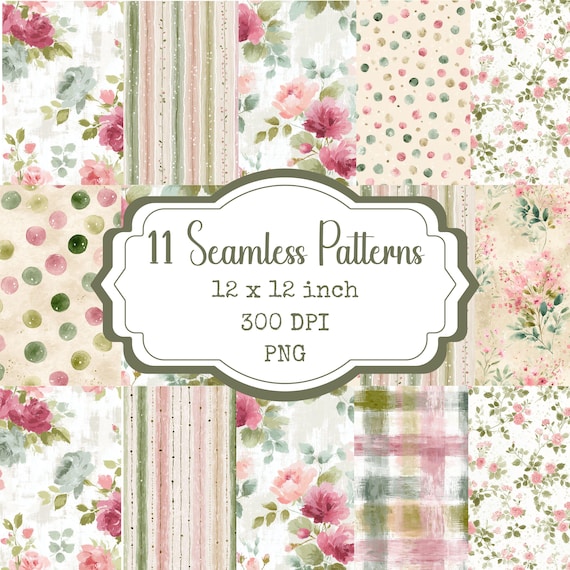 Cottagecore Seamless Pattern Pack, Floral Digital Paper, Vintage Rose Pink Sage Patterns, Commercial Use Backgrounds