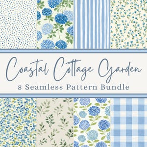 Digitalt papperspaket med blå hortensia, sömlösa blommönster, scrapbookpapper för stugträdgård, utskrivbart paket med kustginghammönster