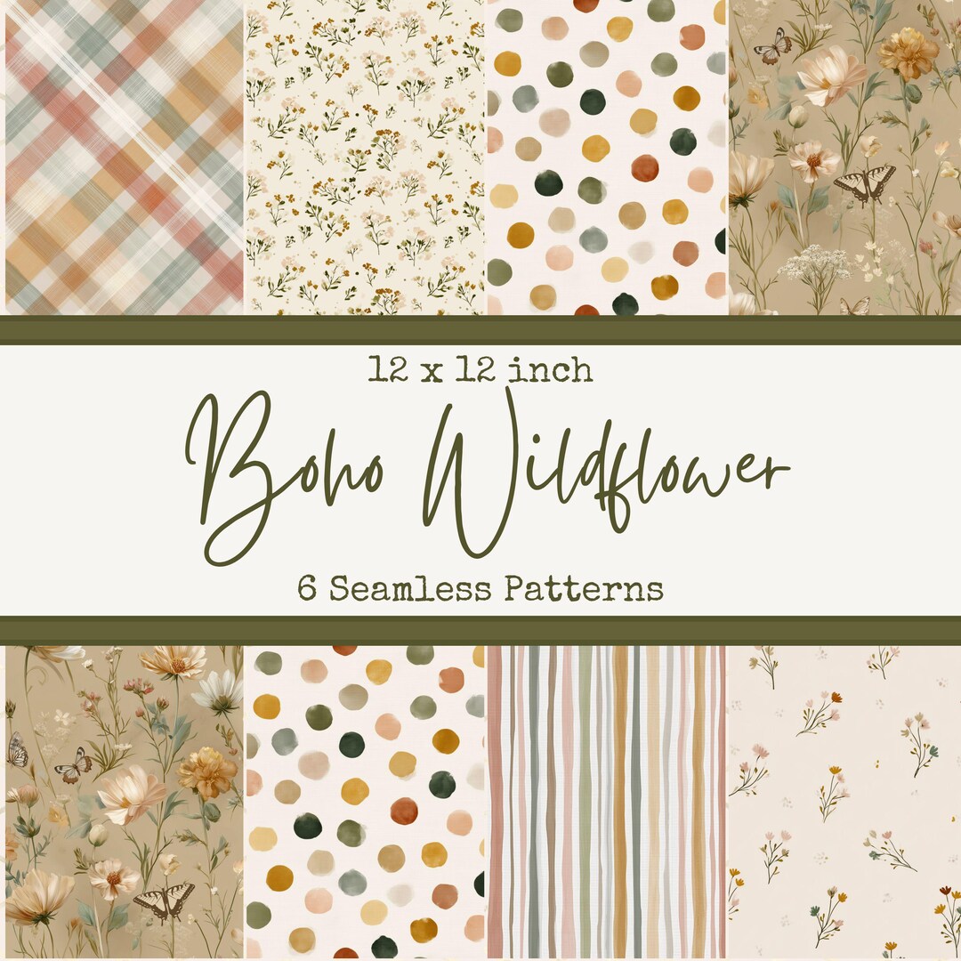 Boho Wildflower Seamless Pattern Pack, Earthy Cottagecore Floral ...