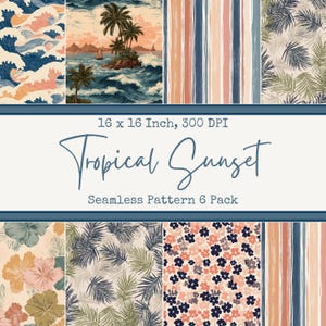 Puede incluir: Colección de seis patrones sin costuras con temática tropical. Los patrones incluyen olas, palmeras y diseños florales en tonos azules, rosas y verdes. También se ve el texto "Tropical Sunset" y "Seamless Pattern 6 Pack". Los patrones miden 40.64 cm x 40.64 cm.