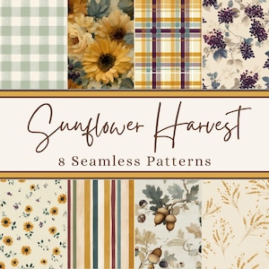 Op de afbeelding: Een digitale collectie van 8 naadloze patronen getiteld Sunflower Harvest. De ontwerpen bevatten groen gingham, gele zonnebloemen, ruitpatronen, paarse druiven, kleine zonnebloemen, verticale strepen, eikels en tarwearen.