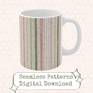 May include: White ceramic mug featuring a vertical striped pattern in pink, green, and beige. The design includes thin, dark lines and small dots. The mug has a white handle and the text "Seamless Patterns Digital Download".