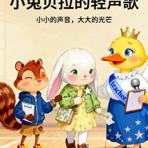 Puede incluir: Una ilustraci&oacute;n digital que muestra una ardilla con sudadera azul, un conejo blanco con c&aacute;rdigan verde y un pato amarillo con corona y falda azul con una banda de teacher. El texto dice: 小兔贝拉的轻声歌, 小小的声音，大大的光芒.