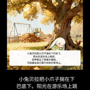Puede incluir: Una ilustraci&oacute;n digital que muestra un conejo blanco de orejas largas sentado bajo un gran roble en un parque. La escena incluye un parque infantil con columpios y tobog&aacute;n, hojas de oto&ntilde;o y una ardilla. Contiene texto en chino.