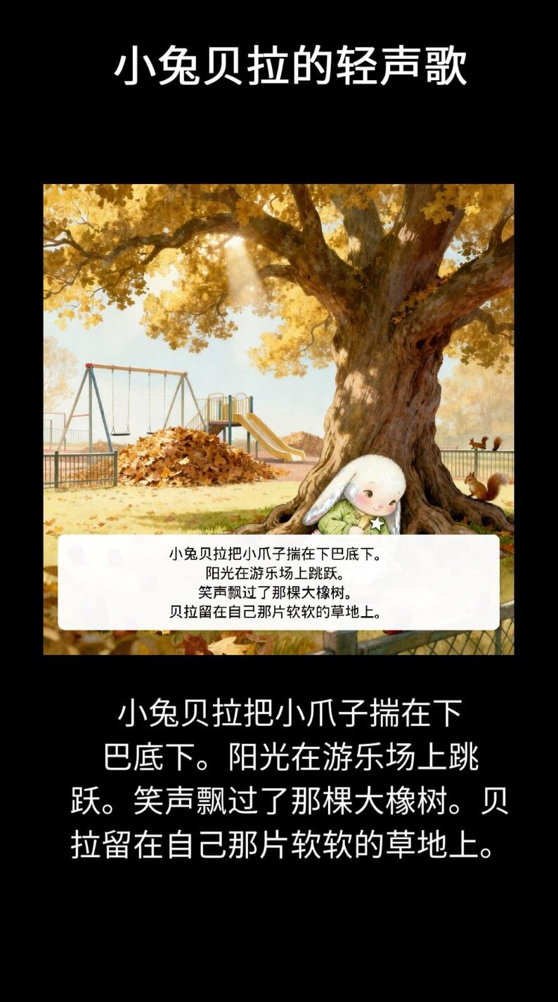 Puede incluir: Una ilustraci&oacute;n digital que muestra un conejo blanco de orejas largas sentado bajo un gran roble en un parque. La escena incluye un parque infantil con columpios y tobog&aacute;n, hojas de oto&ntilde;o y una ardilla. Contiene texto en chino.