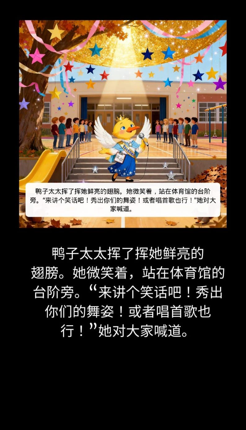 Puede incluir: Una ilustraci&oacute;n digital de un personaje de pato amarillo con una banda azul y un micr&oacute;fono, de pie en los escalones de una escuela frente a un grupo de ni&ntilde;os. La escena est&aacute; decorada con estrellas y serpentinas colgantes de colores.