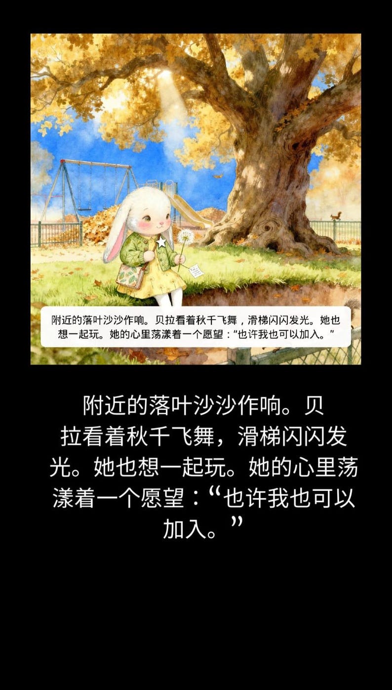 Puede incluir: Una ilustraci&oacute;n en acuarela de un personaje de conejo blanco con una chaqueta verde y un vestido amarillo, sosteniendo un diente de le&oacute;n en un parque con un columpio y un tobog&aacute;n. La imagen incluye el texto chino: 附近的落叶沙沙作响。贝拉看着秋千飞舞，滑梯闪闪发光。她也想一起玩。她的心里荡漾着一个愿望：&ldquo;也许我也可以加入。&rdquo;