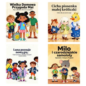 May include: A collection of four children's book covers featuring illustrated characters. Titles include Wielka Domowa Przygoda Mai, Cicha piosenka małej króliczki, Luna poznaje nową grę, and Milo i czarodziejskie samoloty, showcasing diverse children and animals.