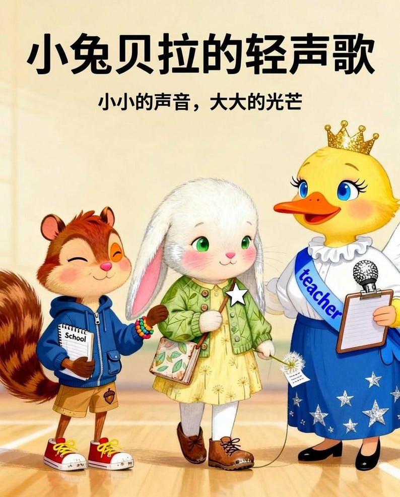 Puede incluir: Una ilustraci&oacute;n digital que muestra una ardilla con sudadera azul, un conejo blanco con c&aacute;rdigan verde y un pato amarillo con corona y falda azul con una banda de teacher. El texto dice: 小兔贝拉的轻声歌, 小小的声音，大大的光芒.