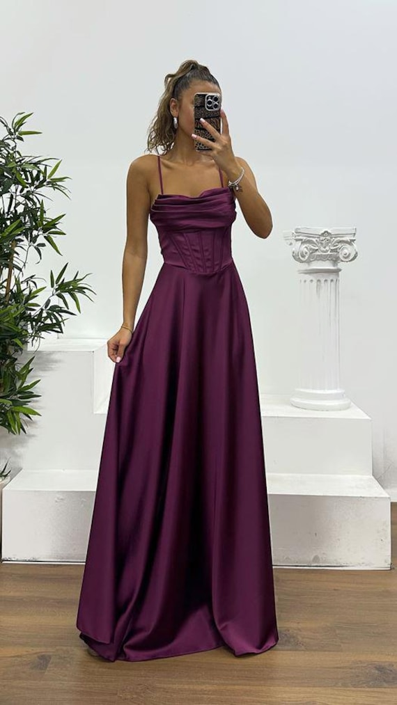 Satin Evening Gown, Elegant Back Detail, Formal Prom Dress