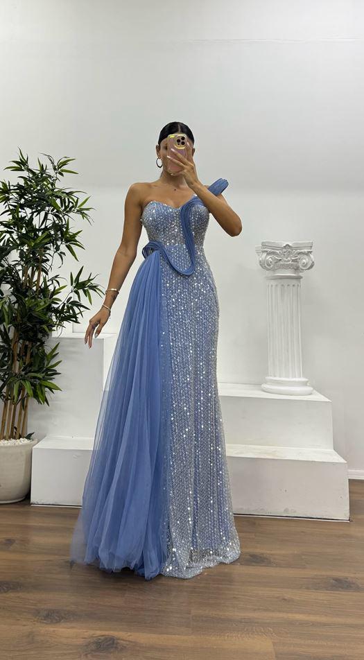 indigo prom dresses Sequin La Femme One-Shoulder Long Prom Dress -PromGirl Indigo / 12