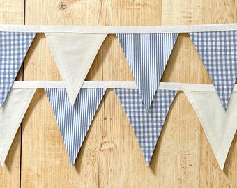 Light Blue Gingham And Stripes  Fabric Bunting Banner Flag Penant