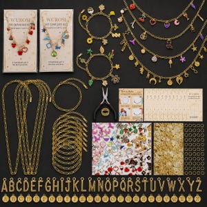 May include: A collection of gold-colored jewelry-making supplies, including chains, charms, and letter pendants. The image features bracelets, necklaces, and tools, along with a variety of colorful charms. The text "WUROSI DIY JEWELRY KIT" is visible.