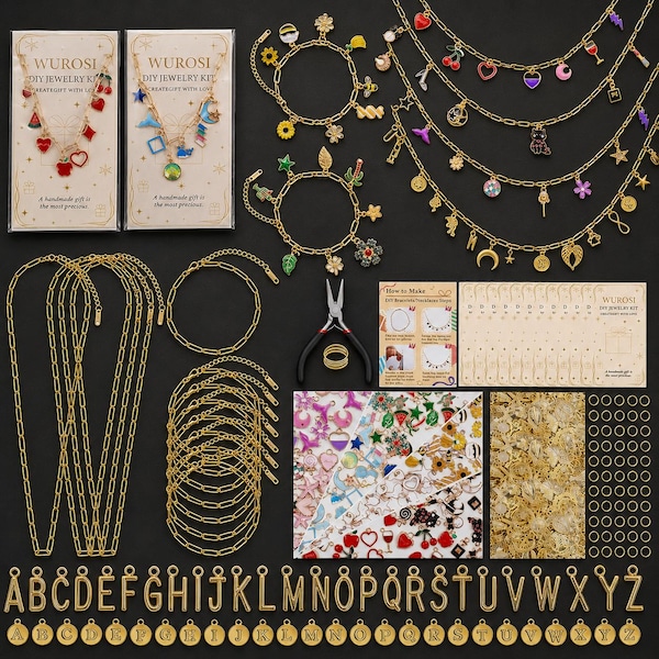 DIY Charm Bar Kit, Bracelet Necklace Jewelry Making Supplies, Gold Charms for Events
