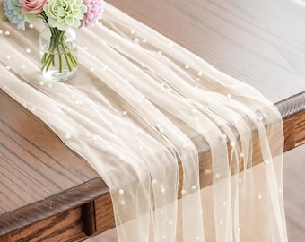 Beige Pearl Table Runner 120" - Sheer Polyester Wedding & Holiday Decor for Dining, Parties, Events