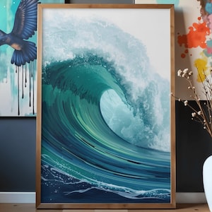 May include: A framed art print showing a breaking wave in shades of teal and turquoise. The artwork captures the movement and power of the ocean. The frame is a light brown colour. The print is suitable for a living room.
