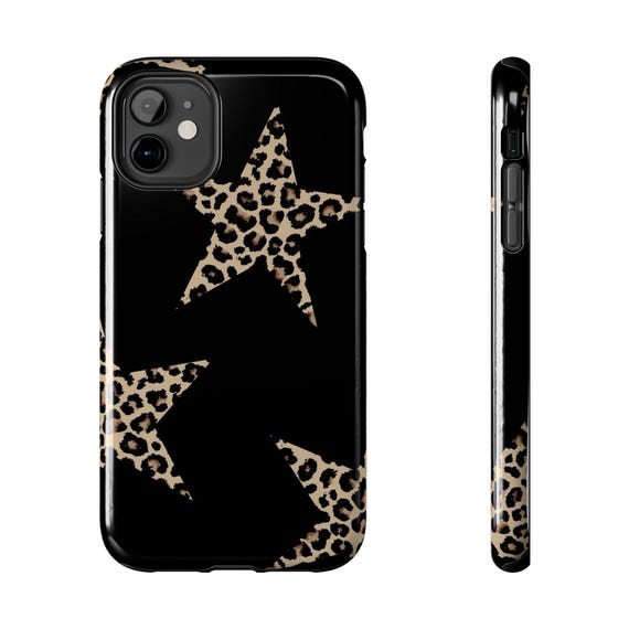 Leopard Star Tough Phone Case - Black Protective Phone Case with Leopard Print Stars